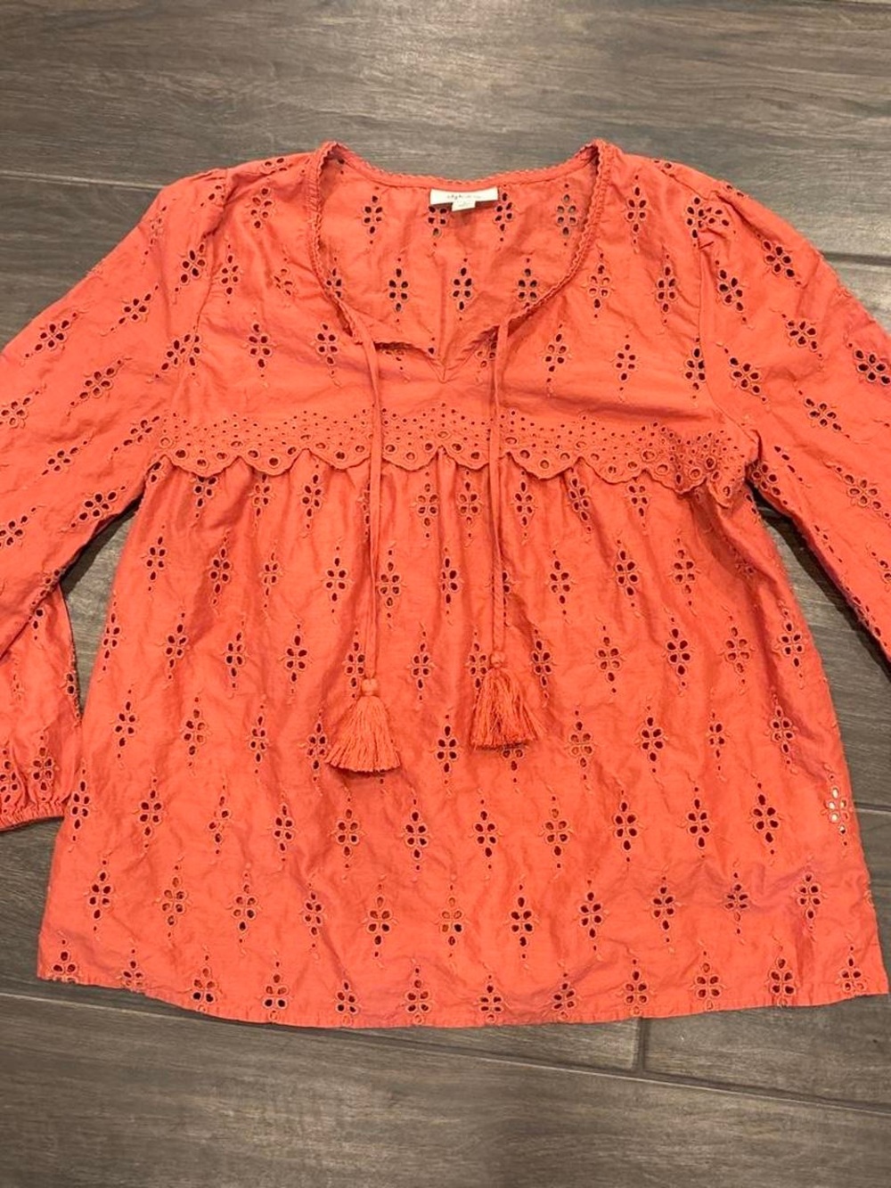 Style & Co. Rust Eyelet Tie-Neck Blouse